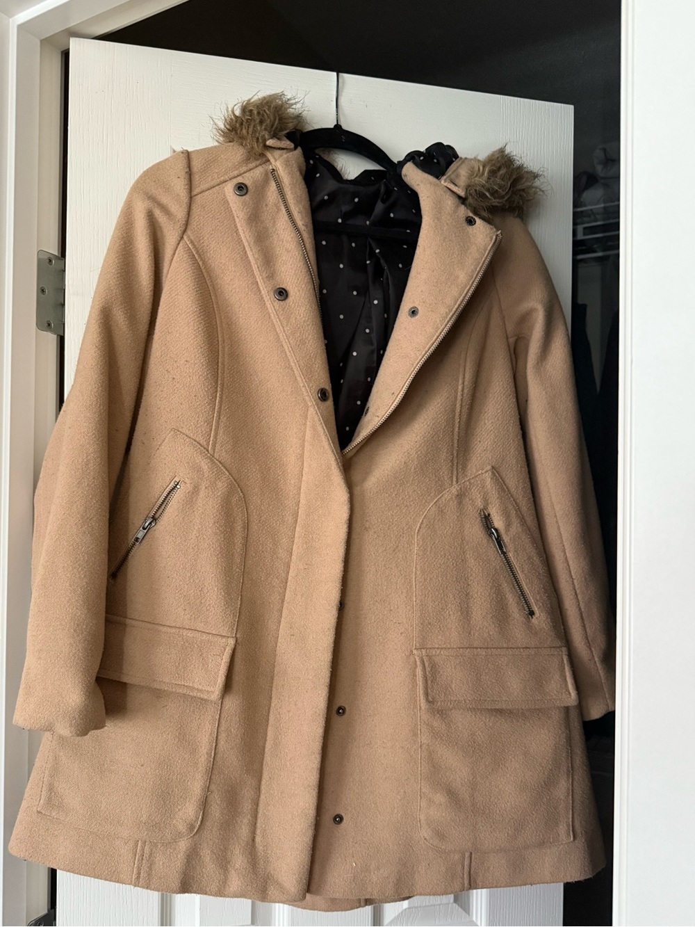 torrid Camel Wool-Blend Pea Coat with Faux-Fur Trim